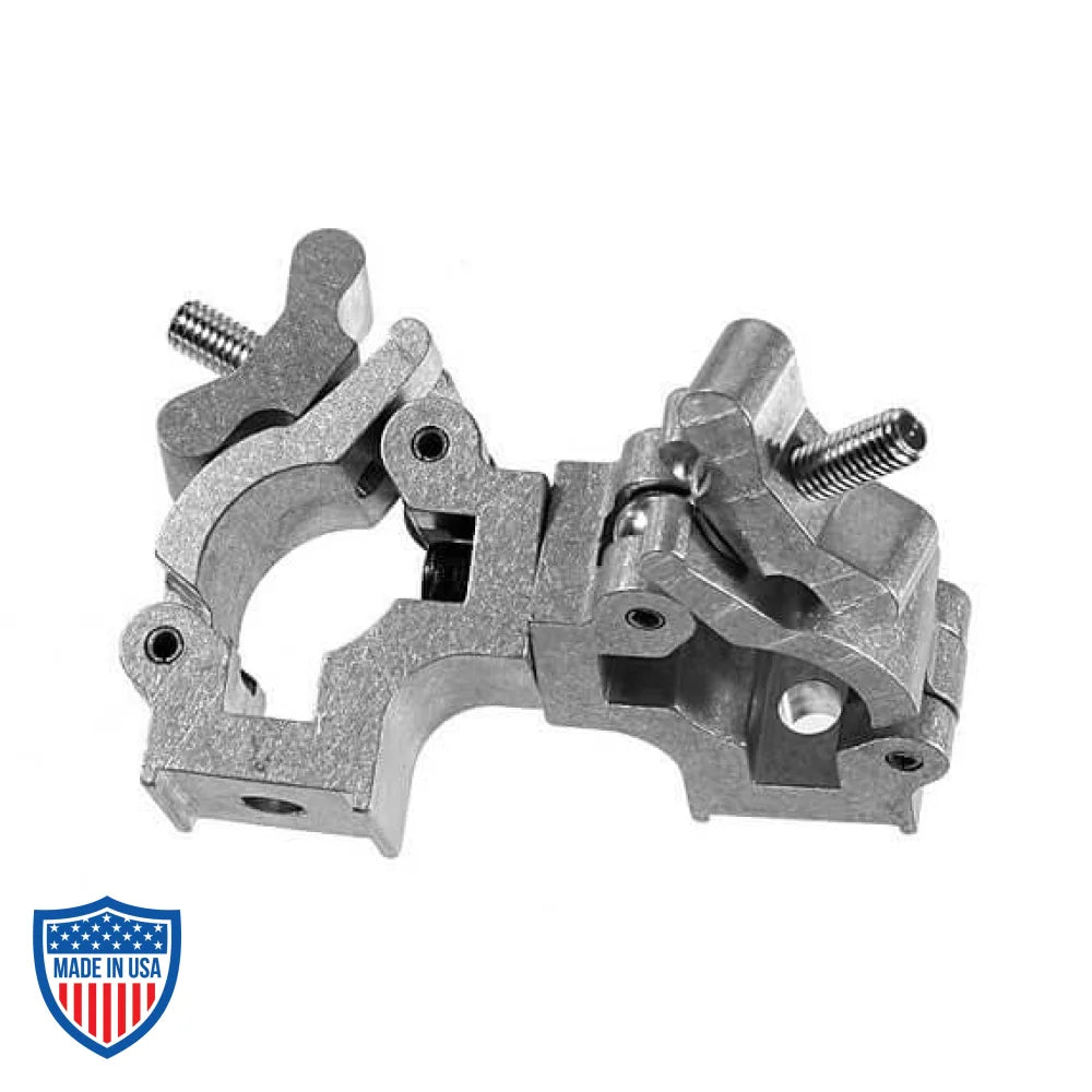 Quad Coupler 1-1/2" Swivel for film grip rigging, showing two couplers bolted together, suitable for tubes and pipes with specific dimensions.