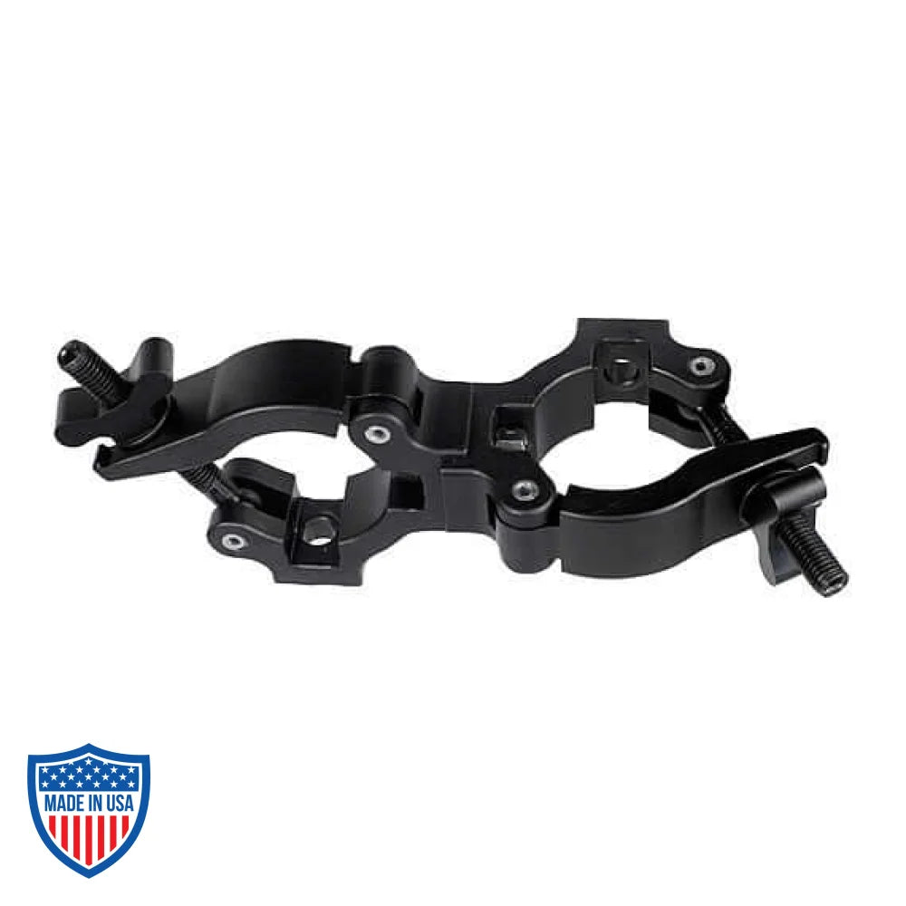 Quad-Coupler 90-Degree for film grip rigging, connects 2-1/2" to 1.9" tubes with wide wing nut for secure fastening.