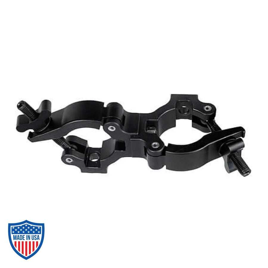 Quad-Coupler 90-Degree for film grip rigging, connects 2-1/2" to 1.9" tubes with wide wing nut for secure fastening.