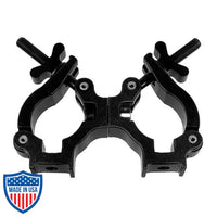 Quad-Coupler 2-1/2-inch swivel clamp for film rigging and grip equipment, with adjustable wing nuts for secure tube connection.