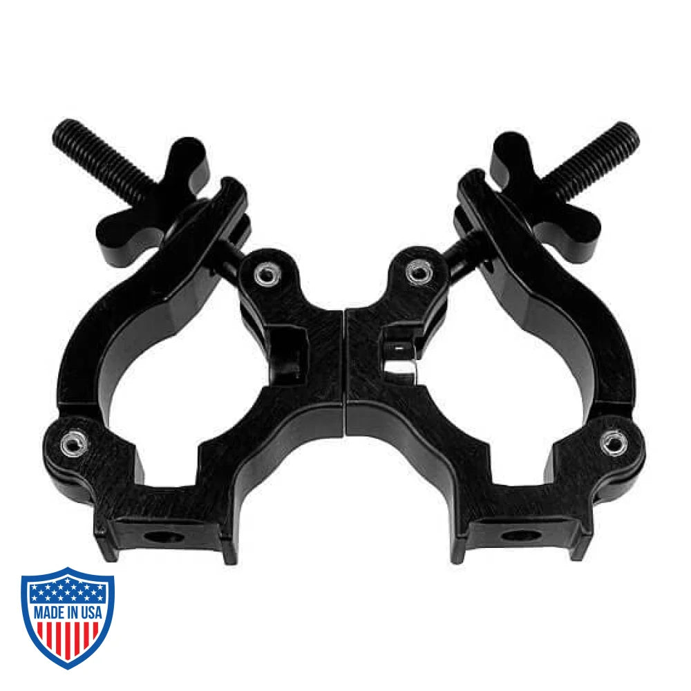 Quad-Coupler 2-1/2" swivel clamp for film rigging and grip equipment, with adjustable wing nuts for secure tube connection.