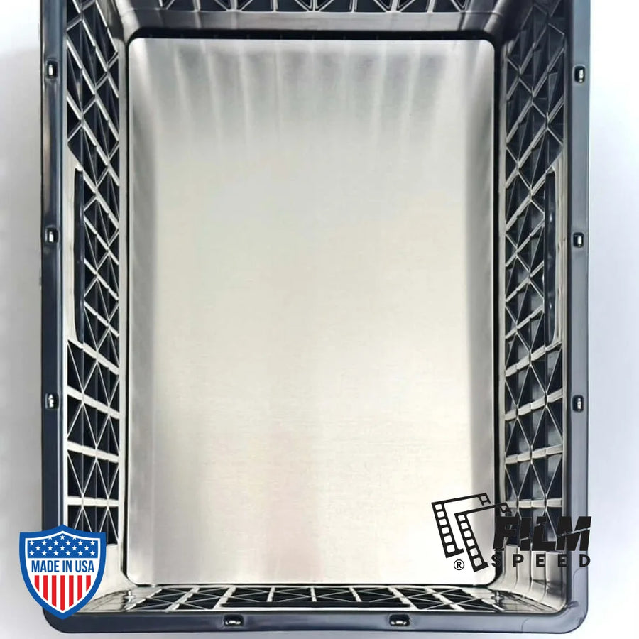 Heavy duty milk crate with removable aluminum Crate Plate for film grip rigging to prevent items from falling through the bottom.