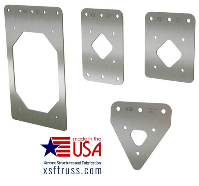 XSF Vertical Truss Rigging Plates, heavy-duty rigging accessories for film grip and rigging, made in the USA by Xtreme Structures and Fabrication.