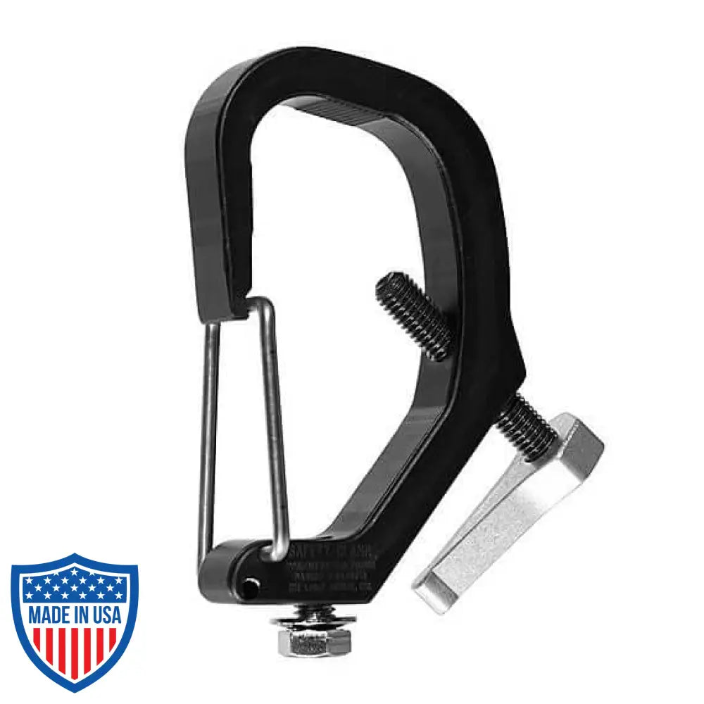 Safety-Clamp with carabiner latch, ideal for film grip and rigging, fits 1.25" pipe, 1.66" OD, 1.9" OD, and 2" truss tube for high catwalks.