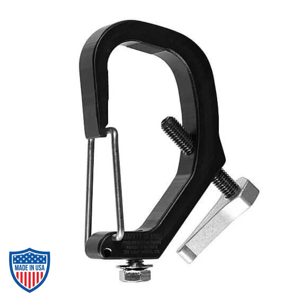 Safety-Clamp with carabiner latch, ideal for film grip and rigging, fits 1.25" pipe, 1.66" OD, 1.9" OD, and 2" truss tube for high catwalks.