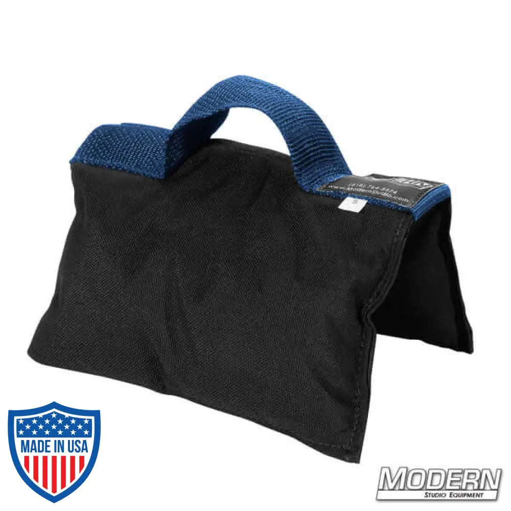 Black sandbag with blue handle, filled with five pounds of silica sand, made of Cordura 1000, ideal for film, grip, and rigging purposes.