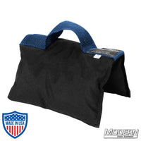 Black sandbag with blue handle, filled with five pounds of silica sand, made of Cordura 1000, ideal for film, grip, and rigging purposes.