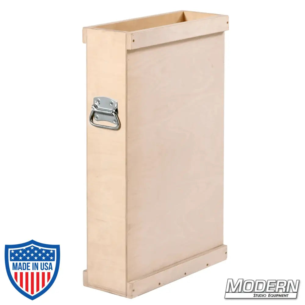 Wooden scrim and flag box with handles for film grip and rigging equipment protection.