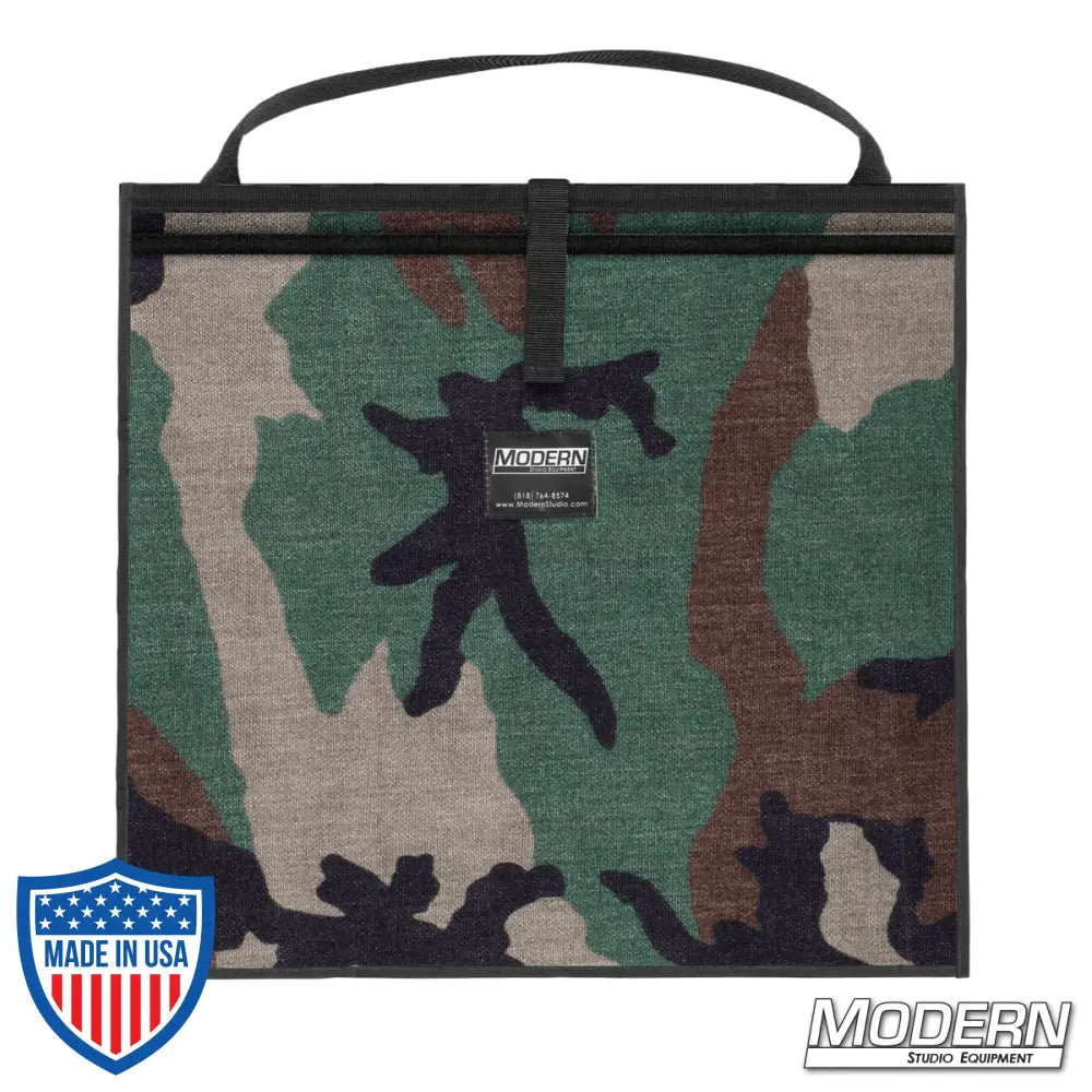 Camouflage Modern Scrim Bag for 18-1/2" lighting scrims, made from Cordura 1000, with a stainless steel rod for shape retention, ideal for film grip rigging.