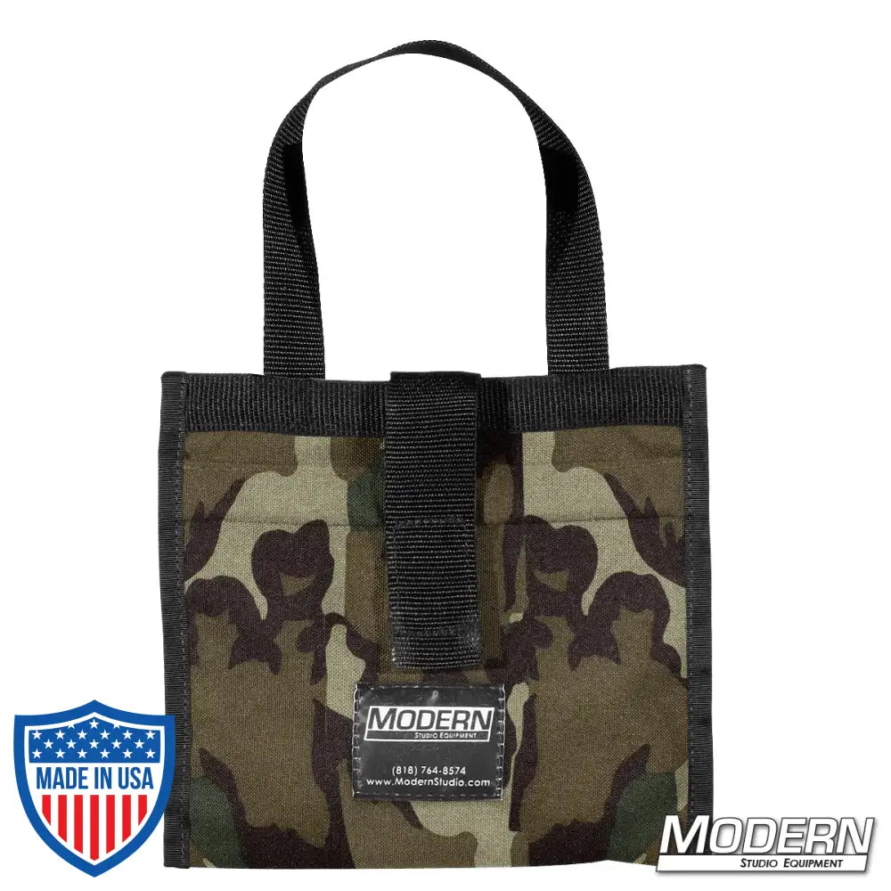 Camo Modern Scrim Bag for 6-1/2", Cordura 1000, stainless steel rod for shape, ideal for film grip rigging equipment.