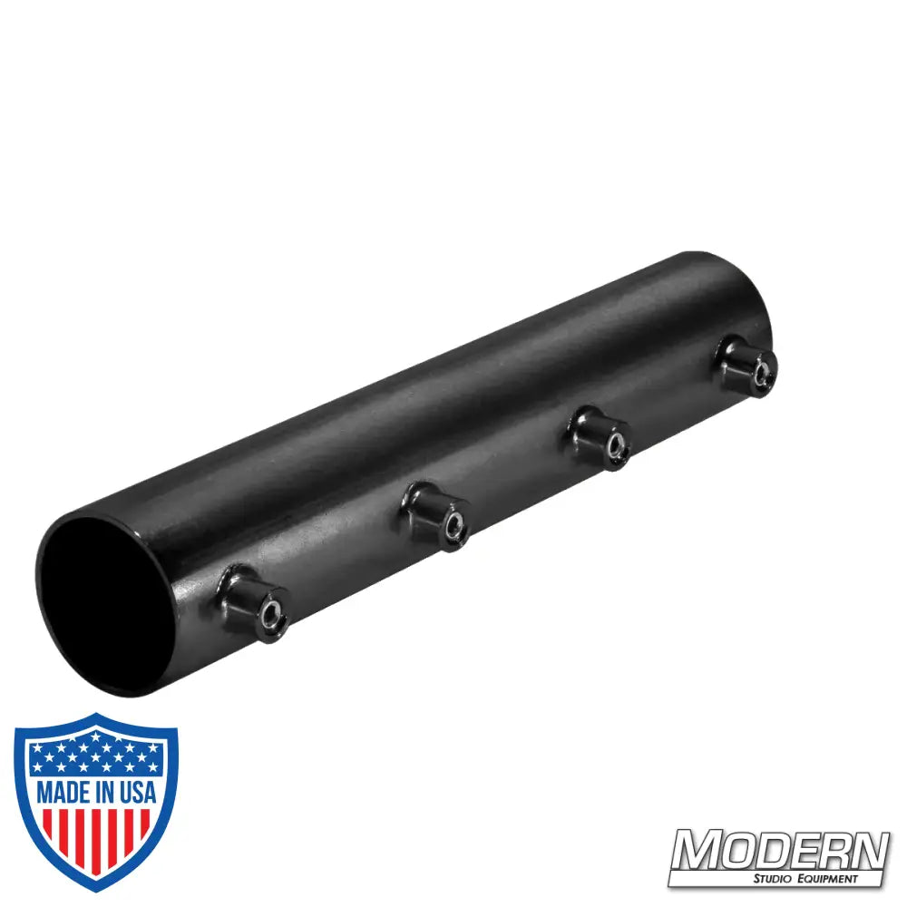 Black zinc sleeve for 1-1/2-inch Speed-Rail with set screws used in film grip rigging for joining two aluminum pieces - 11.5" length
