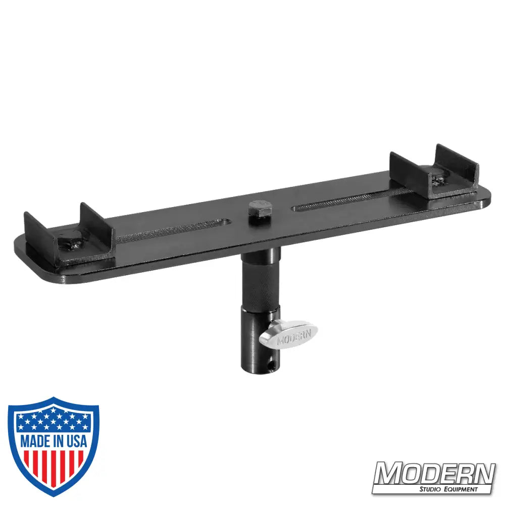 Slider track center support bracket in black zinc for film grip and rigging with 1-1/8" jr. pin and 5/8" baby receiver