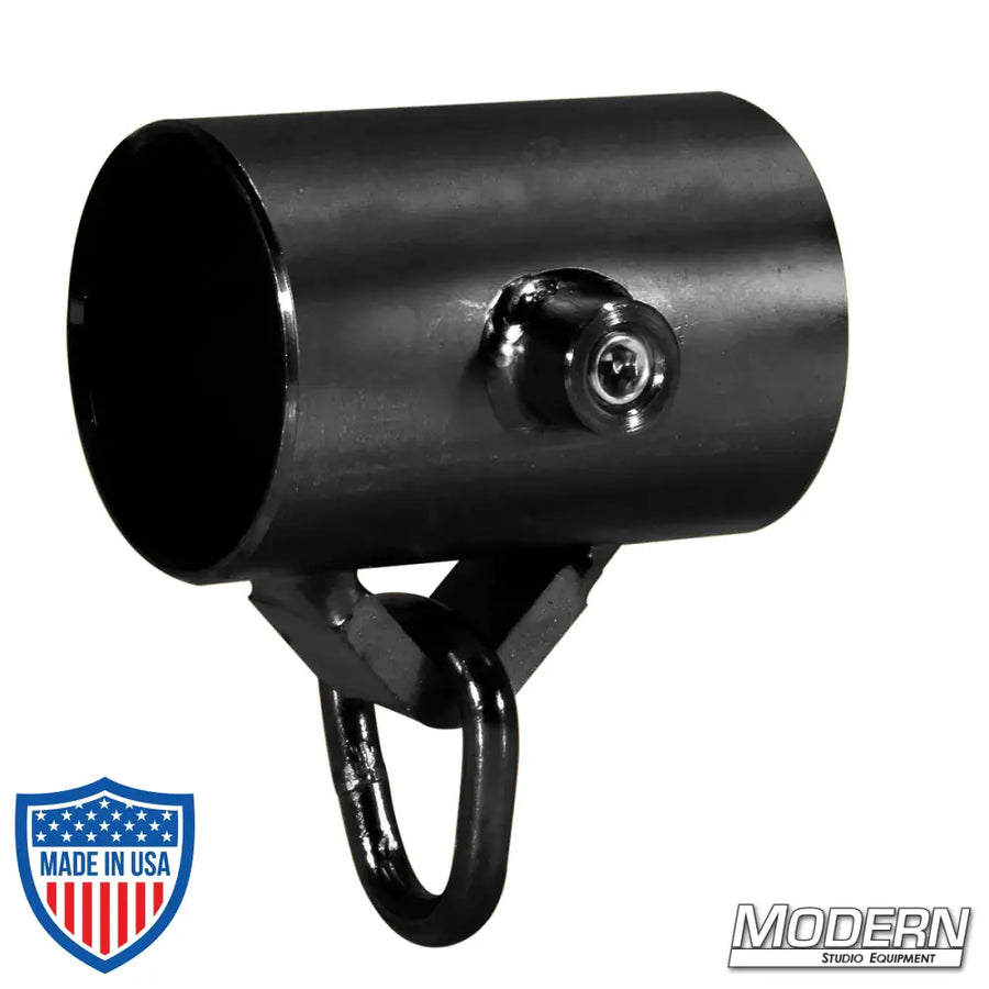 Black zinc slider with d-ring and set screw for 1-1/4-inch Schedule 40 Speed-Rail, ideal for film grip and rigging applications