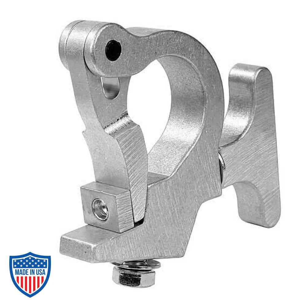 Slim-Claw rigging clamp for film grip, fastening to 1-1/2" pipe or 2" OD truss tube, with T-handle and Belleville Spring washer.