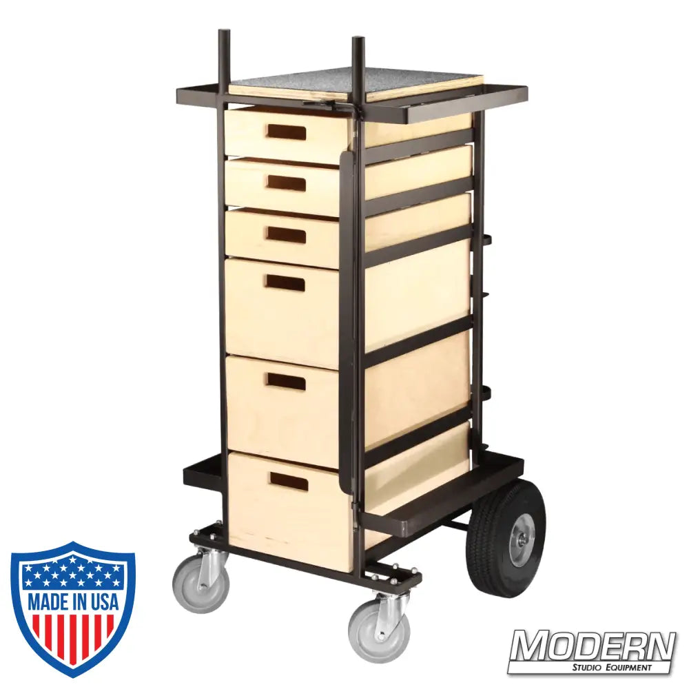 Small Grip Cart with steel frame, wooden drawers, fixed casters, and swivel casters, ideal for film rigging and equipment organization