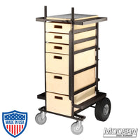 Small Grip Cart with steel frame, wooden drawers, fixed casters, and swivel casters, ideal for film rigging and equipment organization