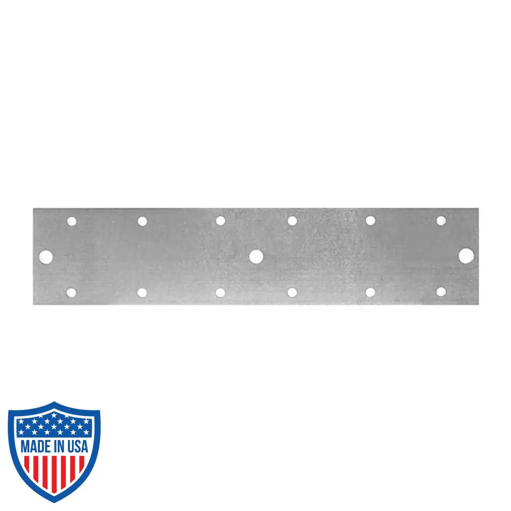 Metal spacer plate for track hangers and gridlocks used in film grip rigging with multiple holes for mounting and support.