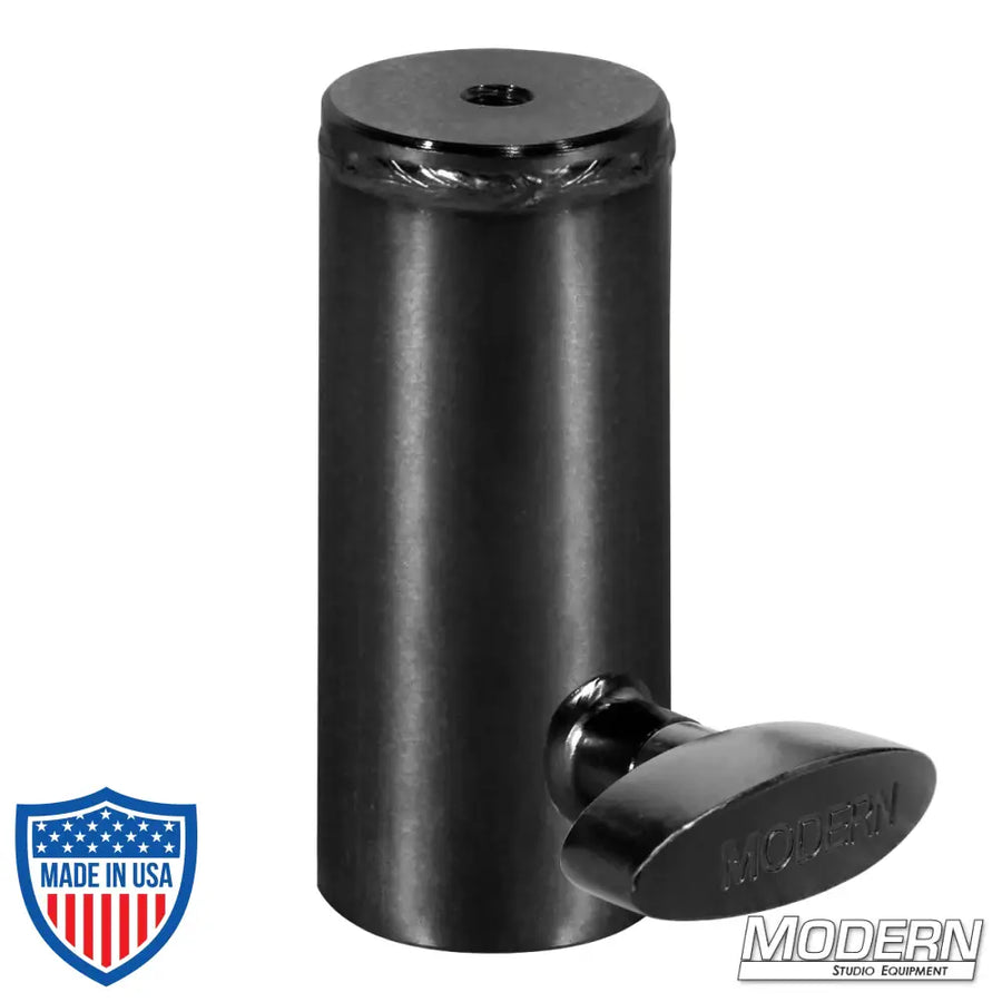 Black zinc Speed-Rail receiver with T-handle for 1-1/4-inch to 3/8-inch female thread, used for film grip and rigging.