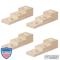 Set of four 3-step wood blocks for rigging and elevation on film sets, measurements 1", 2", 3" heights and 4" x 3.5" dimensions