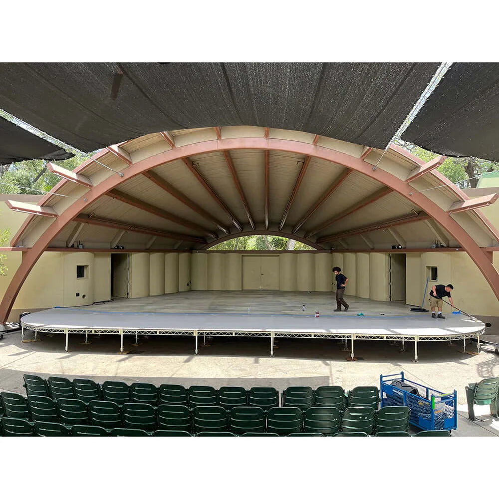 Outdoor stage setup with steel deck platform for film grip and rigging, featuring workers preparing the stage area.