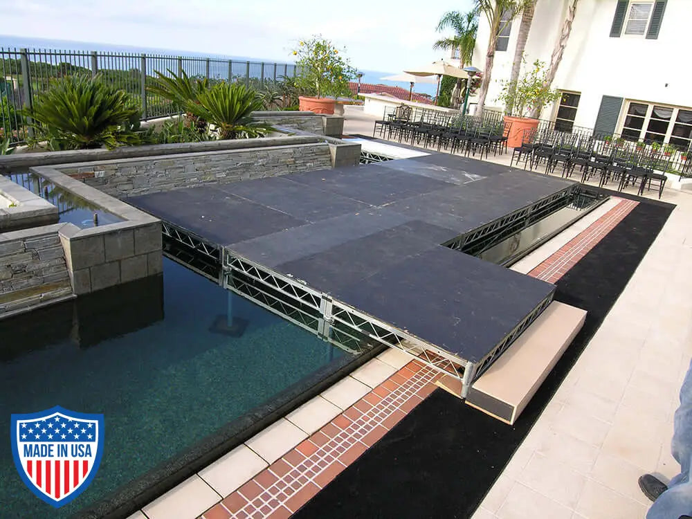 Steel deck platform over pool setup showcasing versatility, strength, and ease of use for film production and rigging applications.