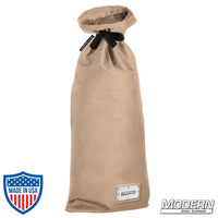 Extra large storage bag with nylon cord and plastic sleeve, ideal for film grip and rigging, 17" wide, 40" long, beige color.