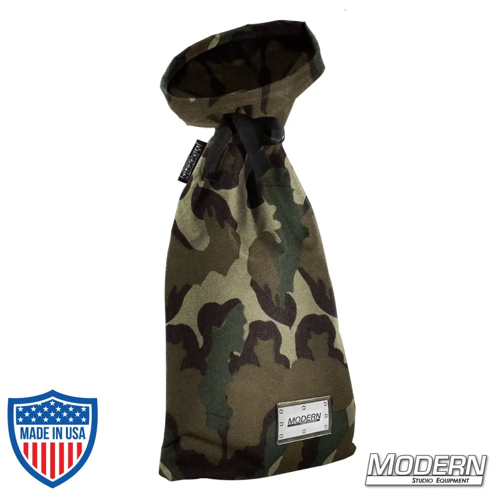 Extra small camo storage bag with nylon cord and plastic sleeve, ideal for film, grip, and rigging equipment.