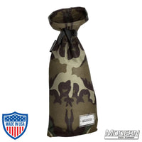 Camouflage storage bag with nylon cord and plastic labeling sleeve, ideal for film grip and rigging equipment, 14 inches wide, 34 inches long.