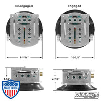 Suction Cup Camera Wedge Plate by Wood's Powr-Grip showing dimensions and engaged/disengaged positions for film grip rigging.