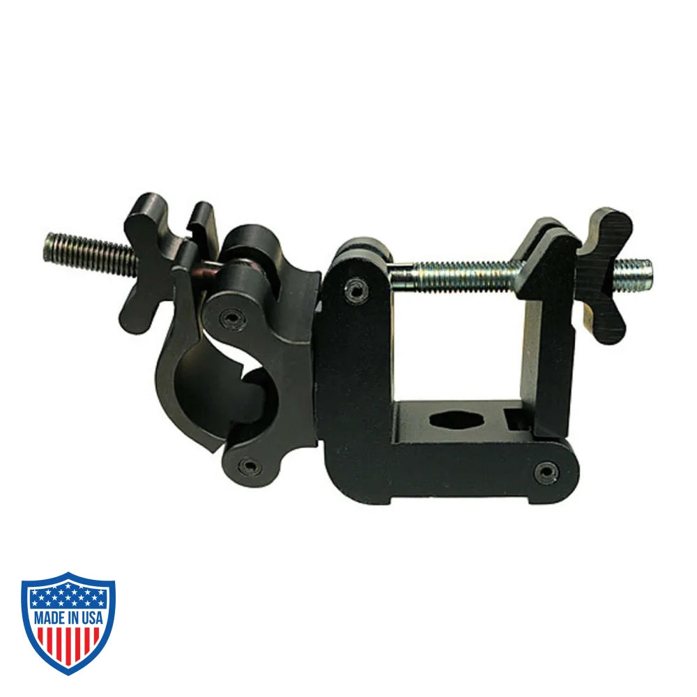 Swivel Mega-Coupler to 2" Square Coupler for film grip rigging, featuring solid aluminum wing nut tabs and secure socket head cap screw