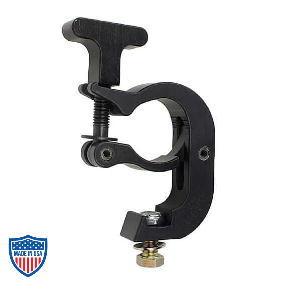 TC Clamp with T-handle for fastening film grip rigging equipment, featuring Grade 8 fastener and Nylock Nut. Dimensions: 4-5/8" Tx 4"W x 1-3/16" thick.