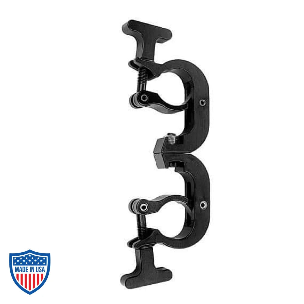 TC Swivel Clamp for rigging, fastening 2" OD to 1.5" OD tubes with T-handles, 450 lbs limit, ideal for film grip setups.