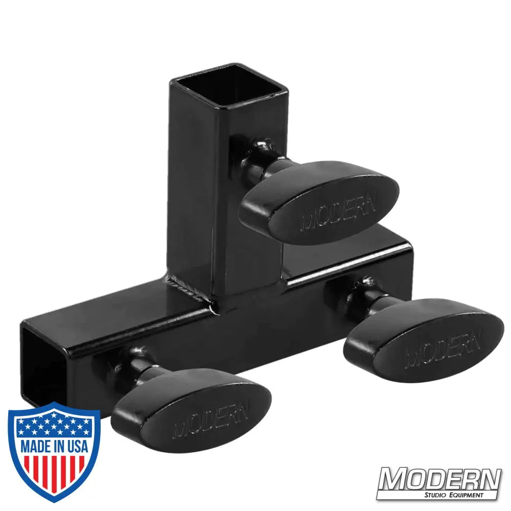 Tee for 1-inch square tube with black zinc finish and T-handles for film grip rigging and frame support.