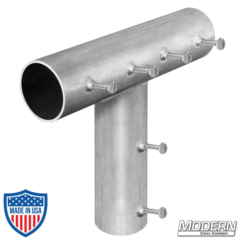 Tee for 4-inch irrigation pipe by Modern Studio Equipment, adding strength and support to frames for film grip and rigging