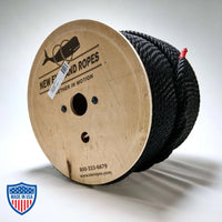 1/2" x 600' black multiline rope on wooden spool for film grip and rigging tasks
