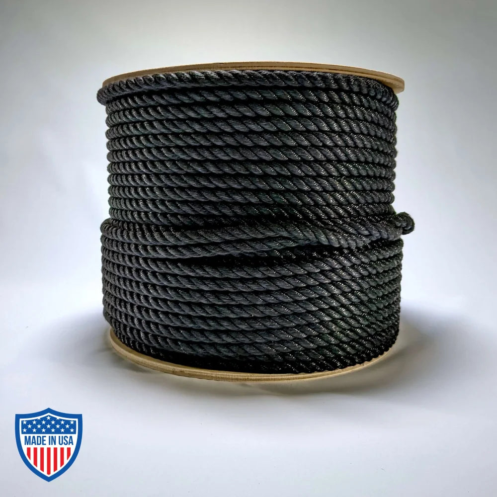 1/2" x 600' black multiline rope for film grip rigging tasks with 6000 lb breaking strength and 600 lb working load limit