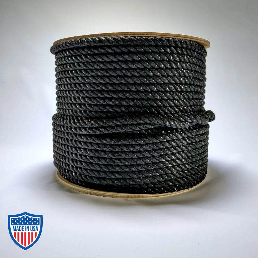 1/2" x 600' black multiline rope for film grip rigging tasks with 6000 lb breaking strength and 600 lb working load limit