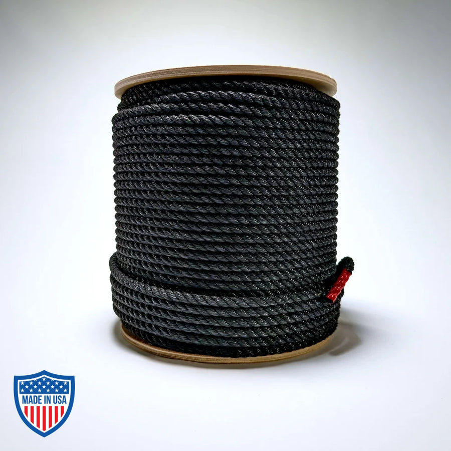 600' black multiline rope spool, ideal for film, grip, and rigging tasks. Stays firm with excellent knot holding and easy splicing.