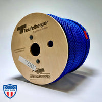 3/8" x 600' digital key blue multiline rope for film grip rigging on wooden spool.