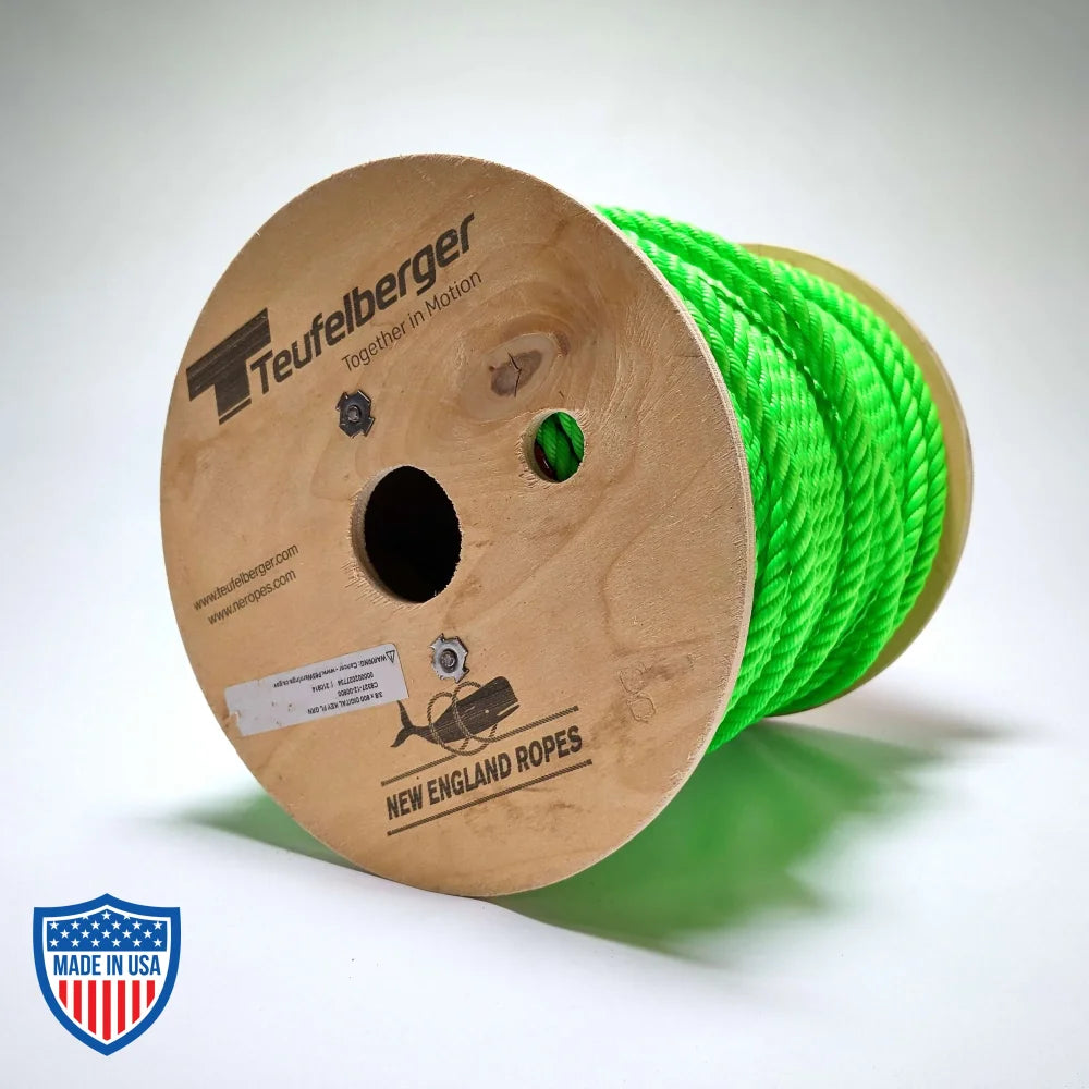 3/8" x 600' digital key fluorescent green multiline rope on spool for film grip and rigging tasks with 3200 lb breaking strength.