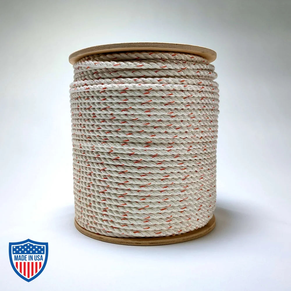 3/8" x 600' white multiline rope on a spool for film grip and rigging tasks, with a 3200 lb breaking strength and 320 lb working load limit
