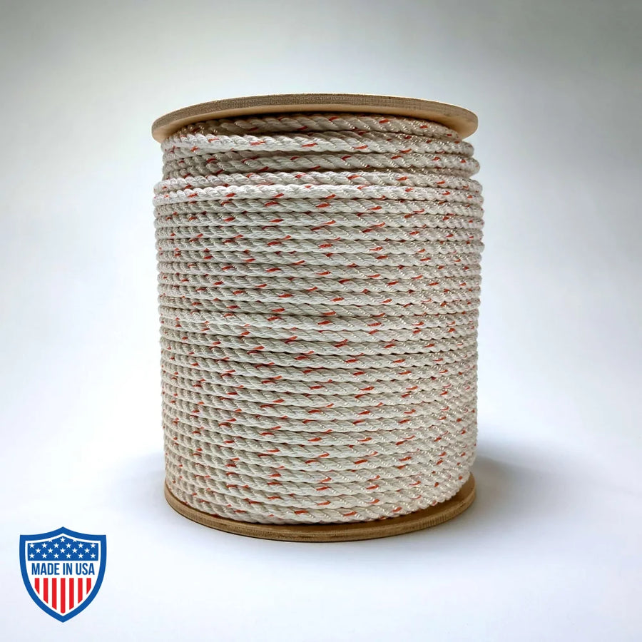 3/8" x 600' white multiline rope on a spool for film grip and rigging tasks, with a 3200 lb breaking strength and 320 lb working load limit