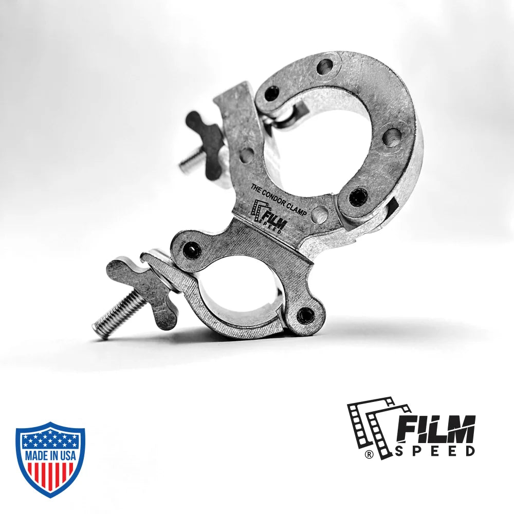 The Condor Clamp for film grip rigging on JLG boom lifts, designed for secure mounting of truss or speedrail in condor baskets.