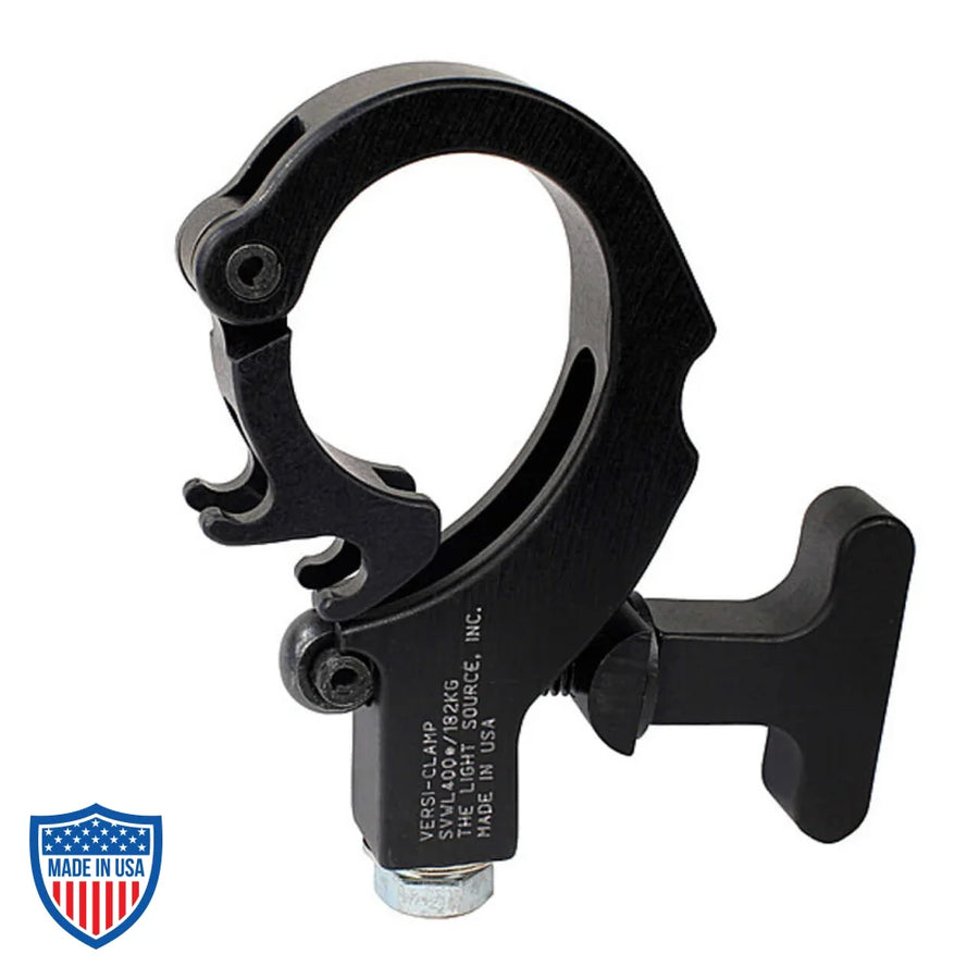 Versi-Clamp for film rigging with quick release handle and 2-position latch for standard truss, from 2" OD to 1" OD, ideal for grips.