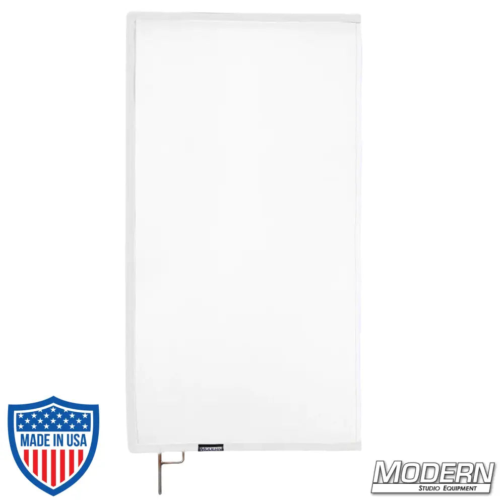 White artificial 1/4 stop silk scrim on 304 military-grade stainless open-end frame for film grip and rigging.