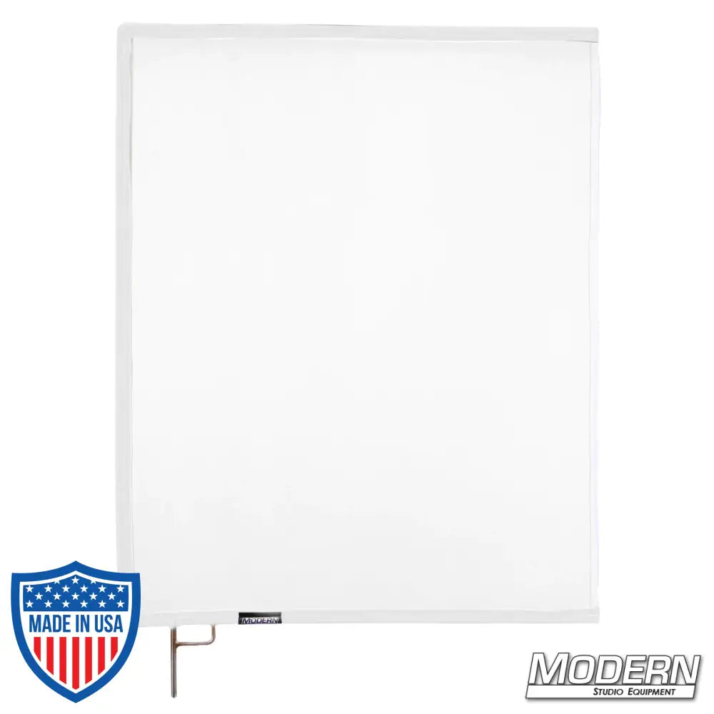 White artificial 1/4 stop silk scrim on 304 military-grade stainless open-end frame for film grip rigging.