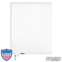 White artificial 1/4 stop silk scrim on 304 military-grade stainless open-end frame for film grip rigging.