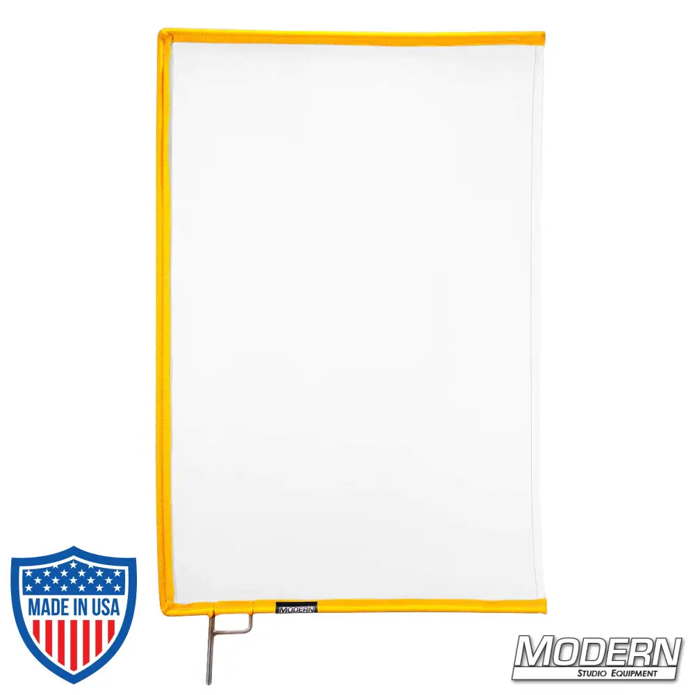 White artificial silk scrim with yellow frame for film grip and rigging, designed to diffuse light and reduce reflectance on set.