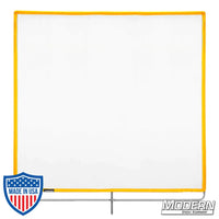 White artificial silk scrim on yellow 304 military-grade stainless open-end frame for film grip and rigging.