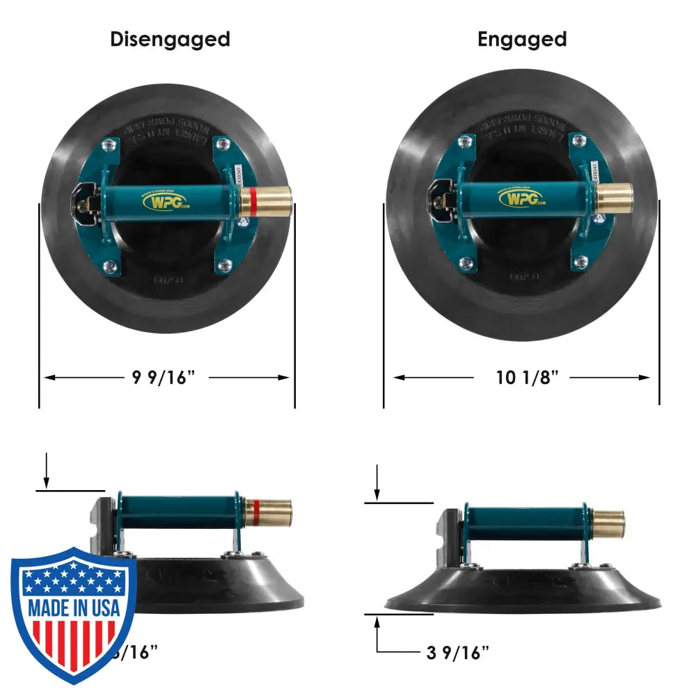 Wood's Powr-Grip 10-inch suction cup showing disengaged and engaged positions with dimensions for film grip and rigging applications.